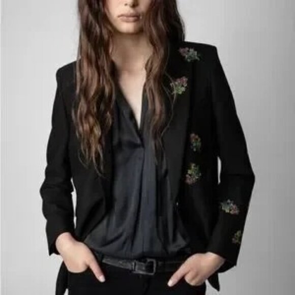 Zadig Voltaire Womens Blazer Size 34 Black Venus Strass Floral Casual - Picture 11 of 14